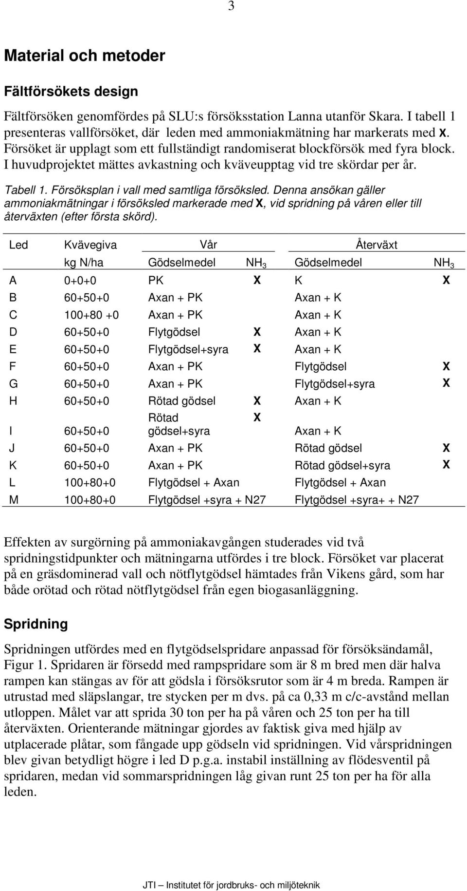 I huvudprojektet mättes avkastning och kväveupptag vid tre skördar per år. Tabell 1. Försöksplan i vall med samtliga försöksled.