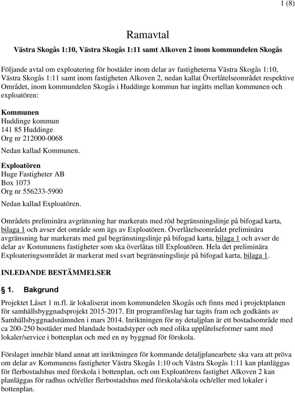 kommun 141 85 Huddinge Org nr 212000-0068 Nedan kallad Kommunen. Exploatören Huge Fastigheter AB Box 1073 Org nr 556233-5900 Nedan kallad Exploatören.