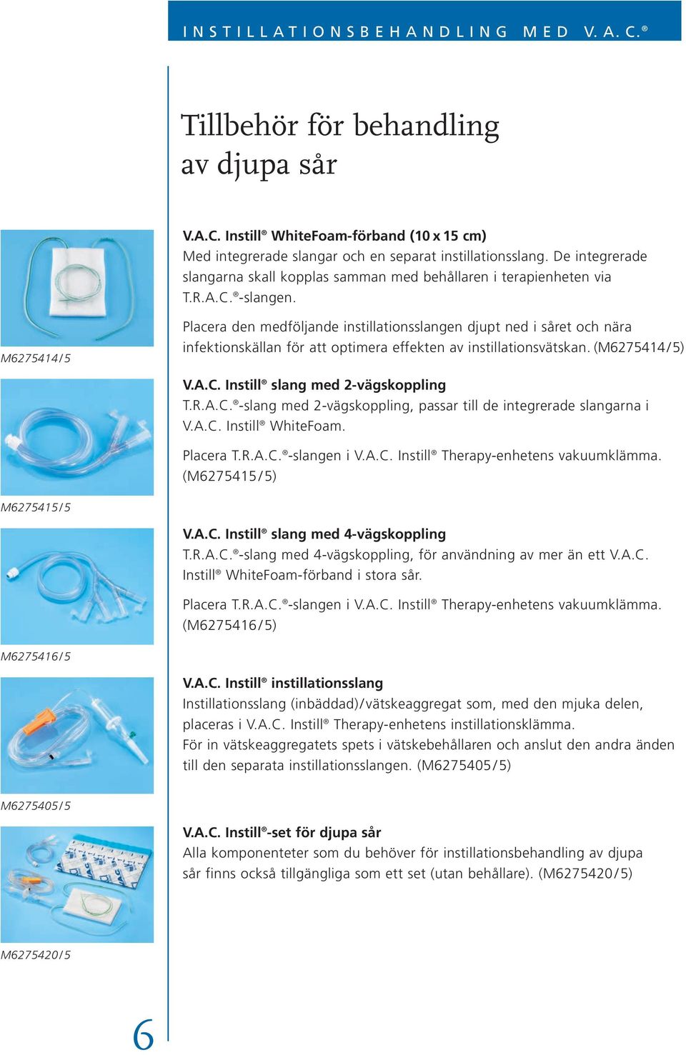 M6275414/5 Placera den medföljande instillationsslangen djupt ned i såret och nära infektionskällan för att optimera effekten av instillationsvätskan. (M6275414/5) V.A.C.