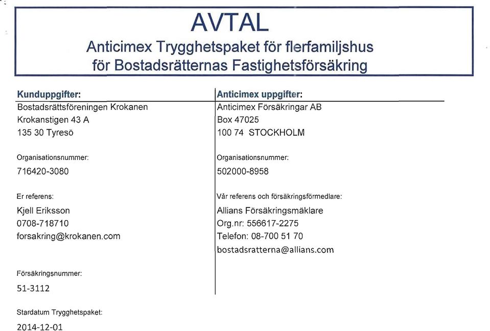 Organisationsnummer: 502000-8958 Er referens: Kjell Eriksson 0708-718710 forsakring@krokanen.