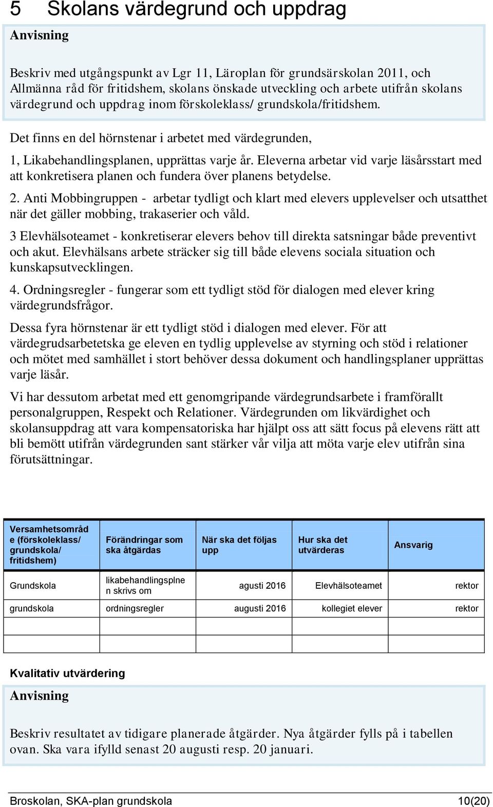 Eleverna arbetar vid varje läsårsstart med att konkretisera planen och fundera över planens betydelse. 2.