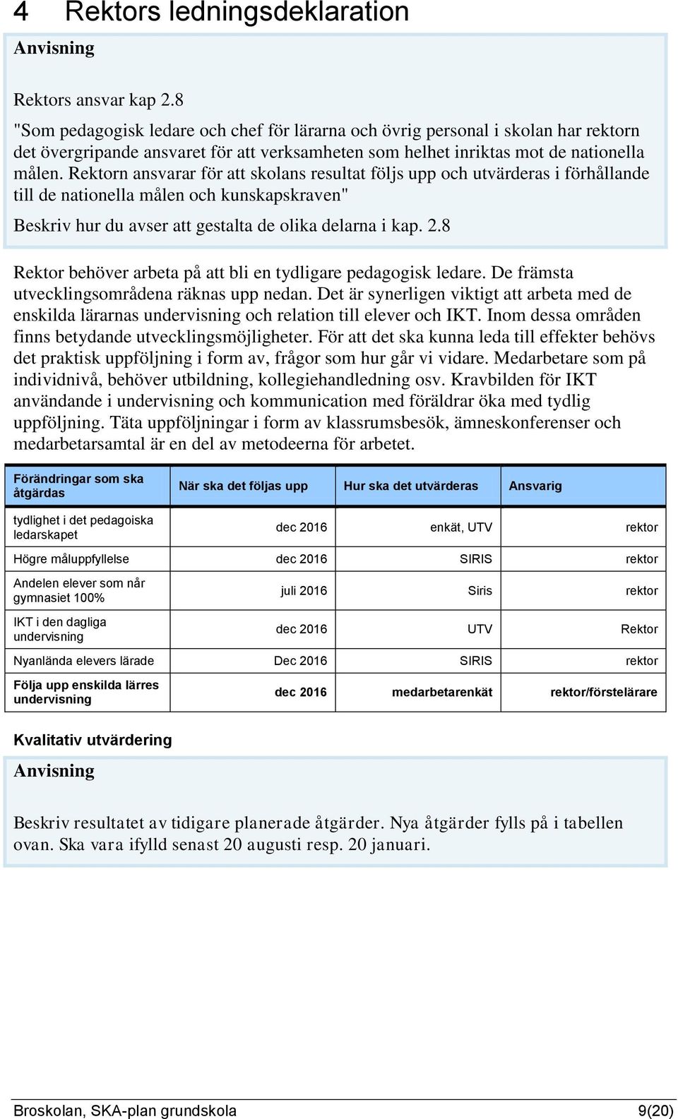 Rektorn ansvarar för att skolans resultat följs och i förhållande till de nationella målen och kunskapskraven" Beskriv hur du avser att gestalta de olika delarna i kap. 2.