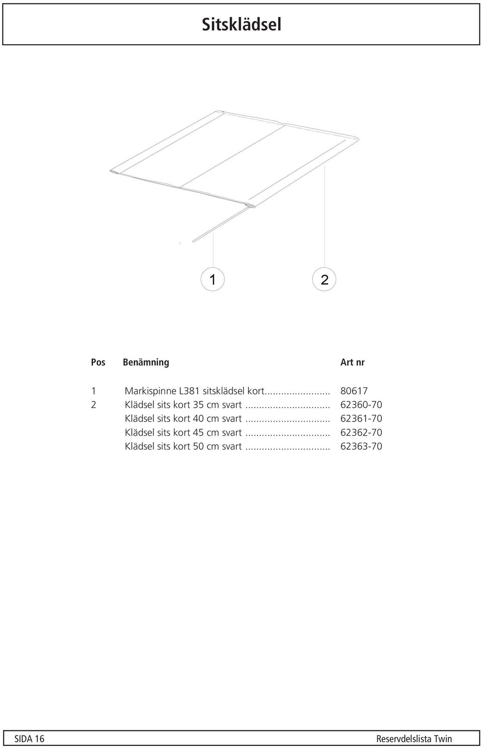 .. 6360-70 Klädsel sits kort 40 cm svart.