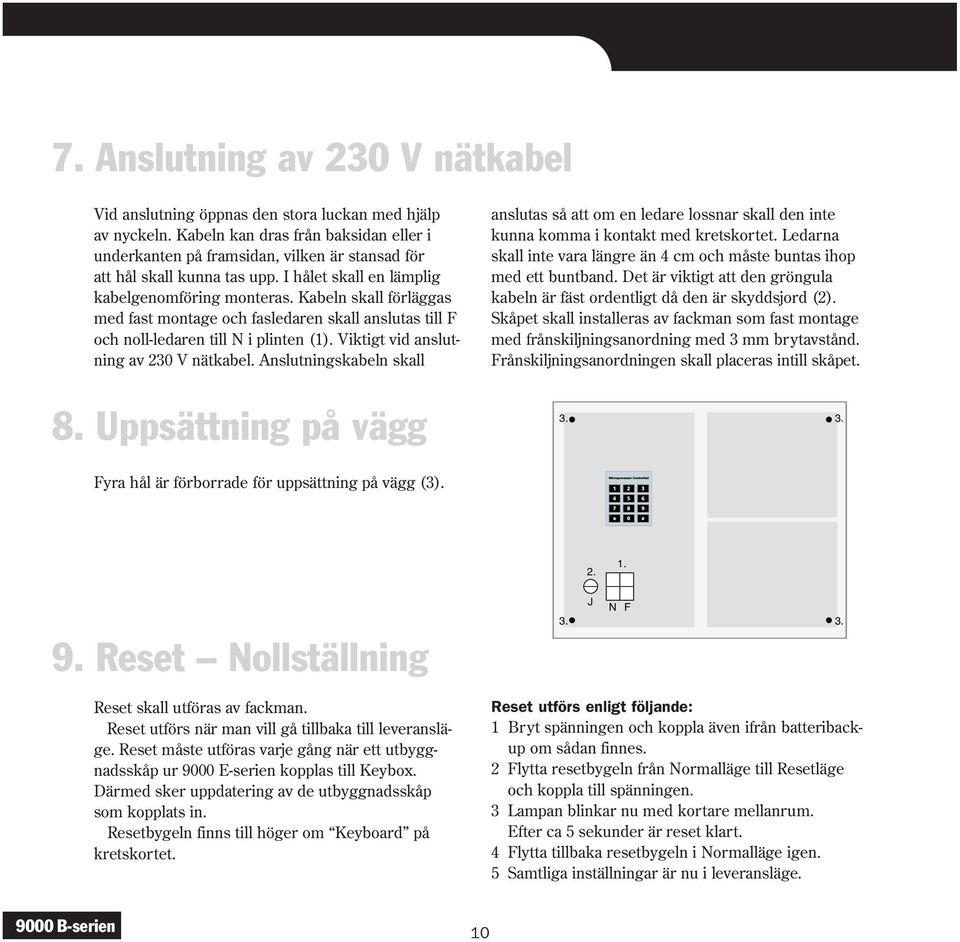 Kabeln skall förläggas med fast montage och fasledaren skall anslutas till F och noll-ledaren till N i plinten (1). Viktigt vid anslutning av 230 V nätkabel.