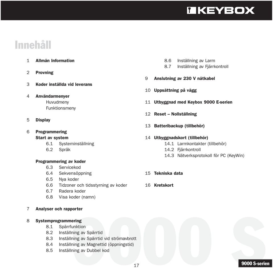 7 Inställning av Fjärrkontroll 9 Anslutning av 230 V nätkabel 10 Uppsättning på vägg 11 Utbyggnad med Keybox 9000 E-serien 12 Reset Nollställning 13 Batteribackup (tillbehör) 14 Utbyggnadskort