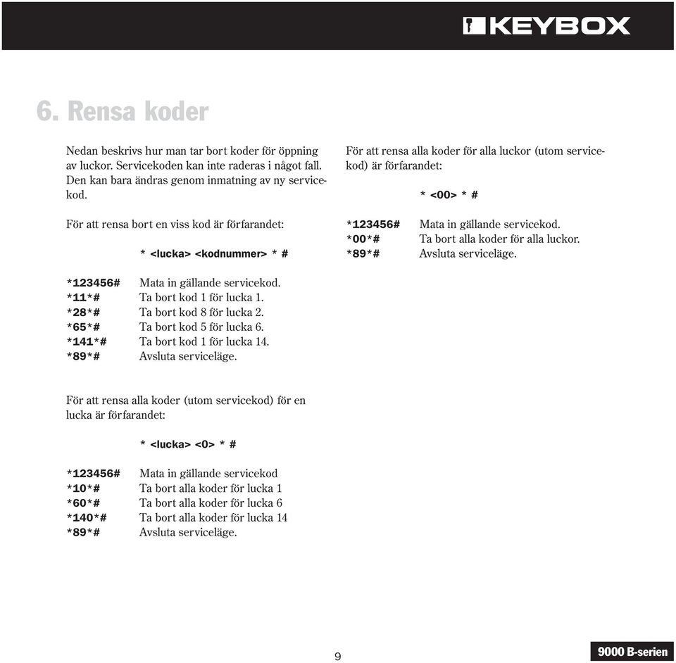 *00*# Ta bort alla koder för alla luckor. *89*# Avsluta serviceläge. *123456# Mata in gällande servicekod. *11*# Ta bort kod 1 för lucka 1. *28*# Ta bort kod 8 för lucka 2.