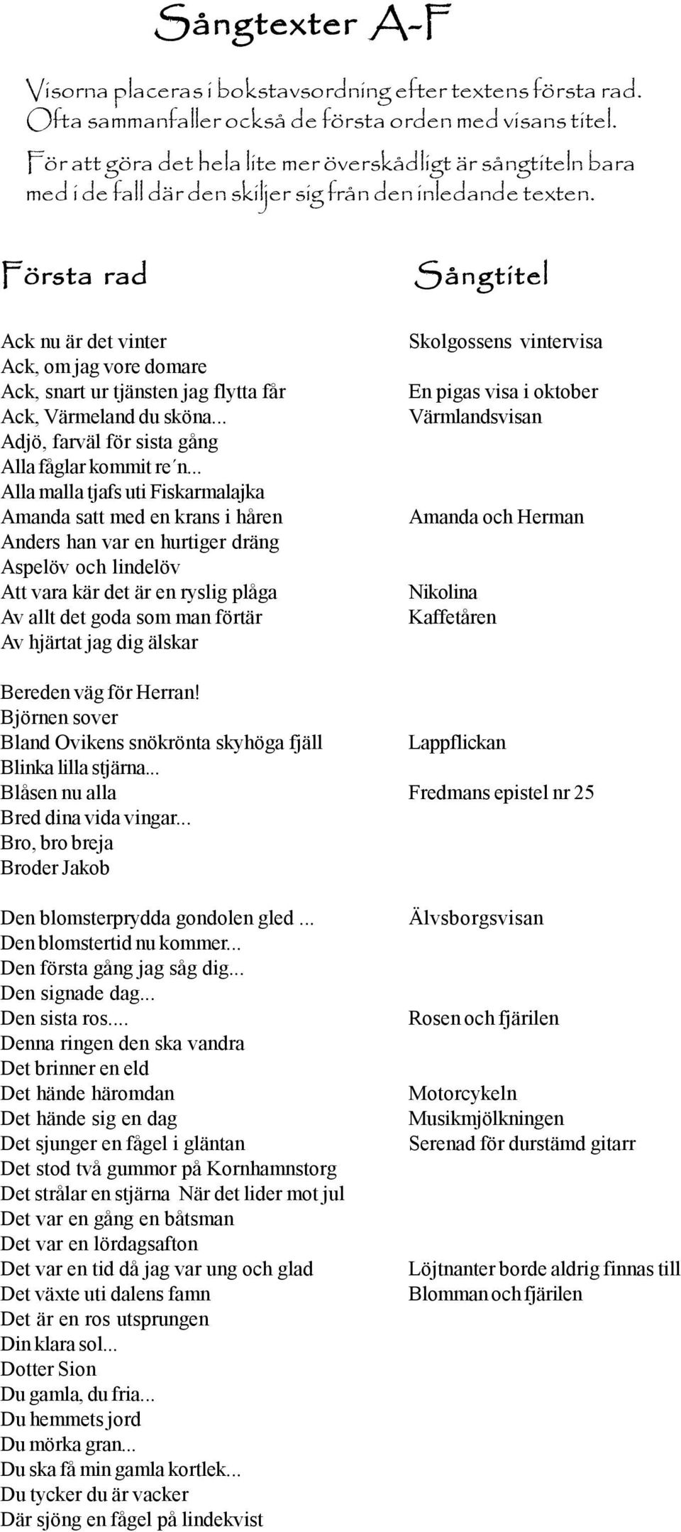 Första rad Ack nu är det vinter Ack, om jag vore domare Ack, snart ur tjänsten jag flytta får Ack, Värmeland du sköna... Adjö, farväl för sista gång Alla fåglar kommit re n.