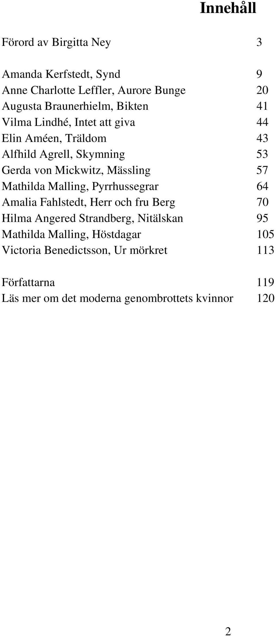 57 Mathilda Malling, Pyrrhussegrar 64 Amalia Fahlstedt, Herr och fru Berg 70 Hilma Angered Strandberg, Nitälskan 95