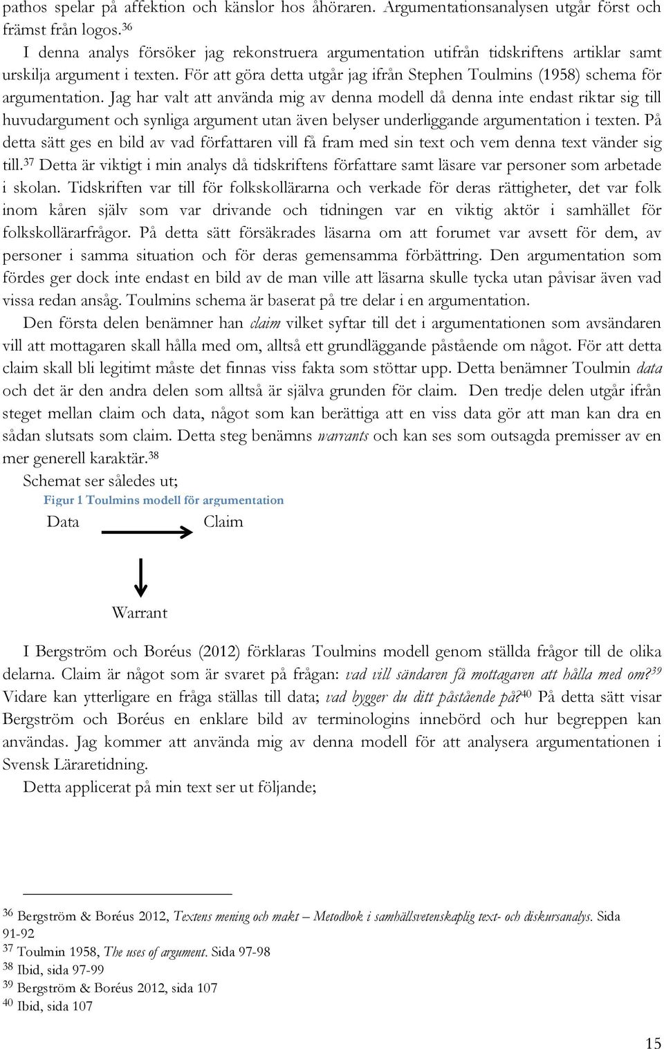 För att göra detta utgår jag ifrån Stephen Toulmins (1958) schema för argumentation.