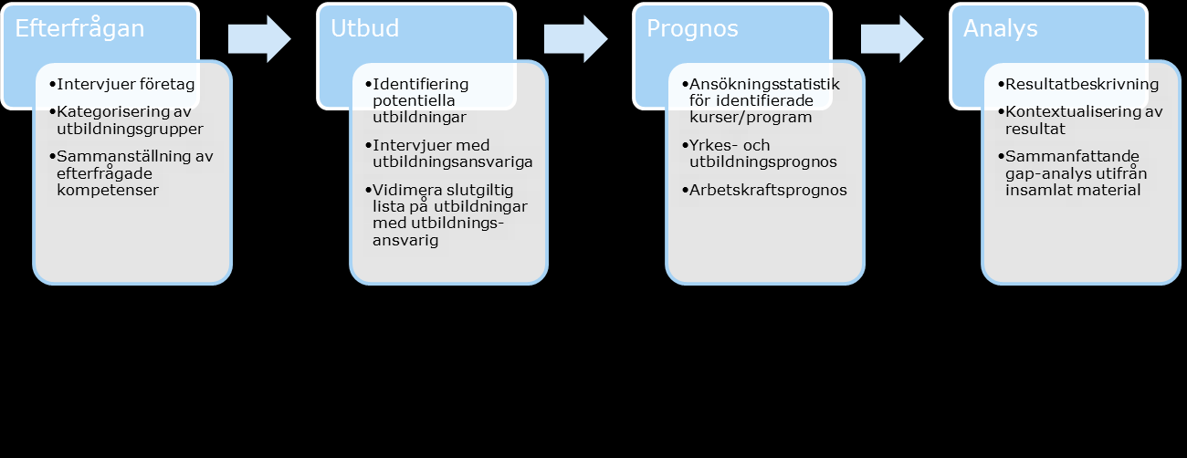 Parallellt genomförde RMC en skanning av relevanta utbildningar vid svenska universitet- och högskolor utifrån fakultetshemsidor och Universitets- och högskolerådets databas över kurser och program.