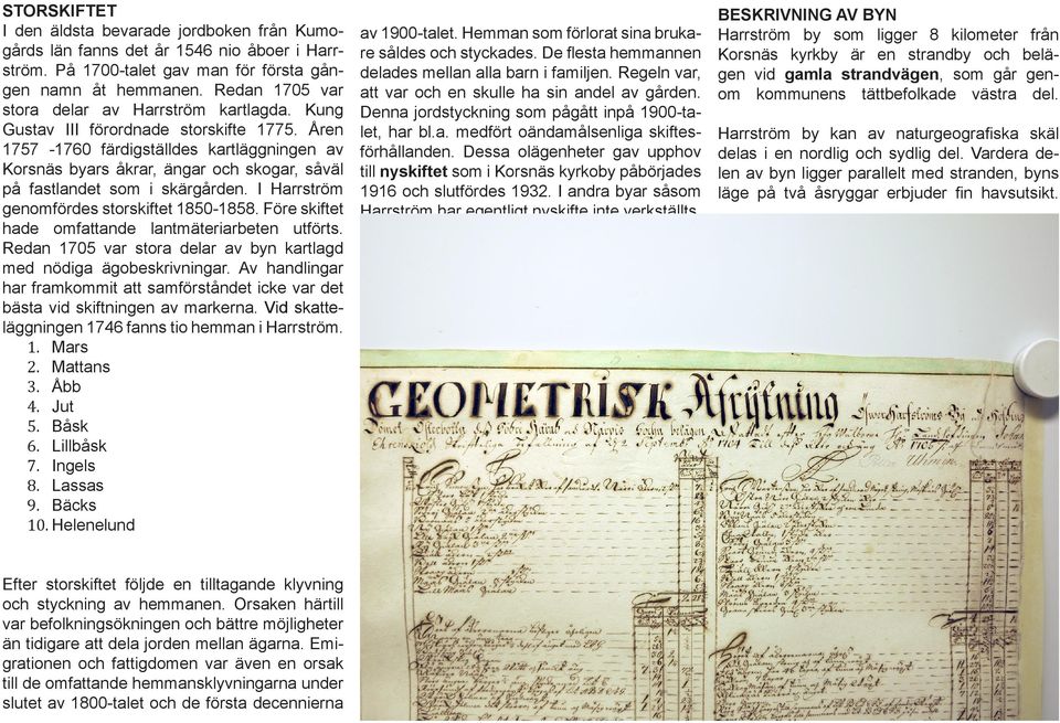 Åren 1757-1760 färdigställdes kartläggningen av Korsnäs byars åkrar, ängar och skogar, såväl på fastlandet som i skärgården. I Harrström genomfördes storskiftet 1850-1858.