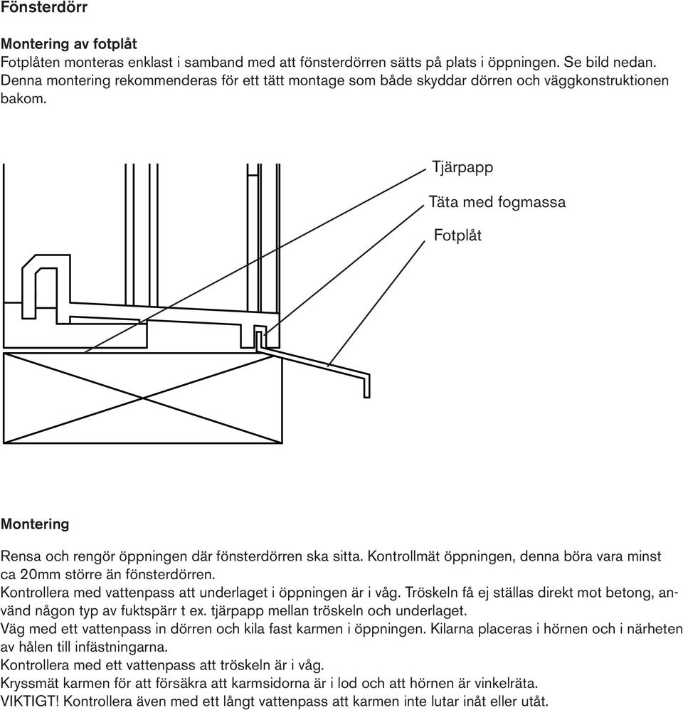 Tjärpapp Täta med fogmassa Fotplåt Montering Rensa och rengör öppningen där fönsterdörren ska sitta. Kontrollmät öppningen, denna böra vara minst ca 20mm större än fönsterdörren.