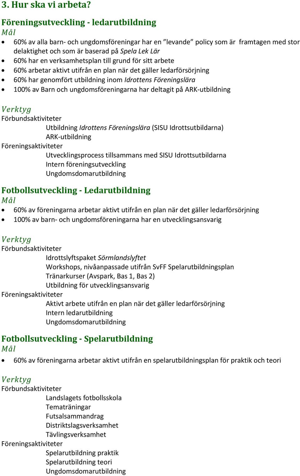 verksamhetsplan till grund för sitt arbete 60% arbetar aktivt utifrån en plan när det gäller ledarförsörjning 60% har genomfört utbildning inom Idrottens Föreningslära 100% av Barn och