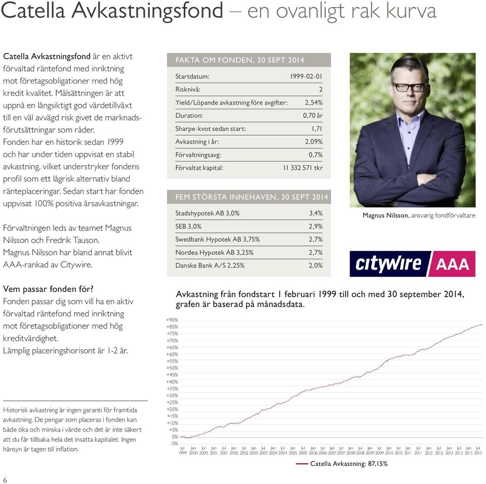 Fonden har en historik sedan 1999 och har under tiden uppvisat en stabil avkastning, vilket understryker fondens profil som ett lågrisk alternativ bland ränteplaceringar.