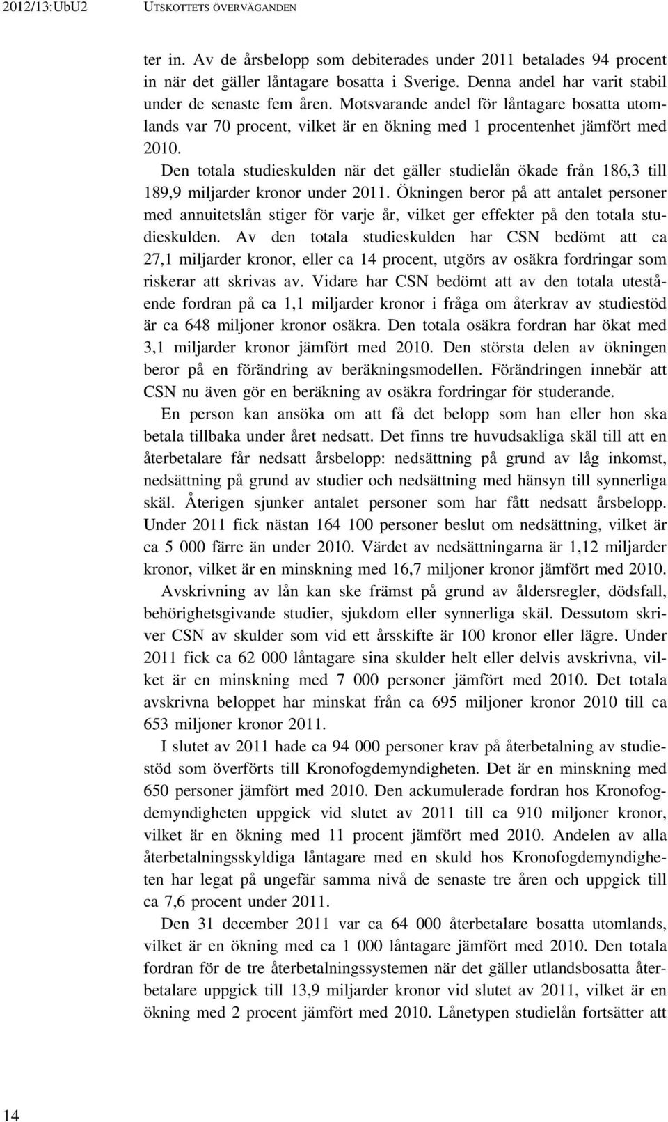 Den totala studieskulden när det gäller studielån ökade från 186,3 till 189,9 miljarder kronor under 2011.