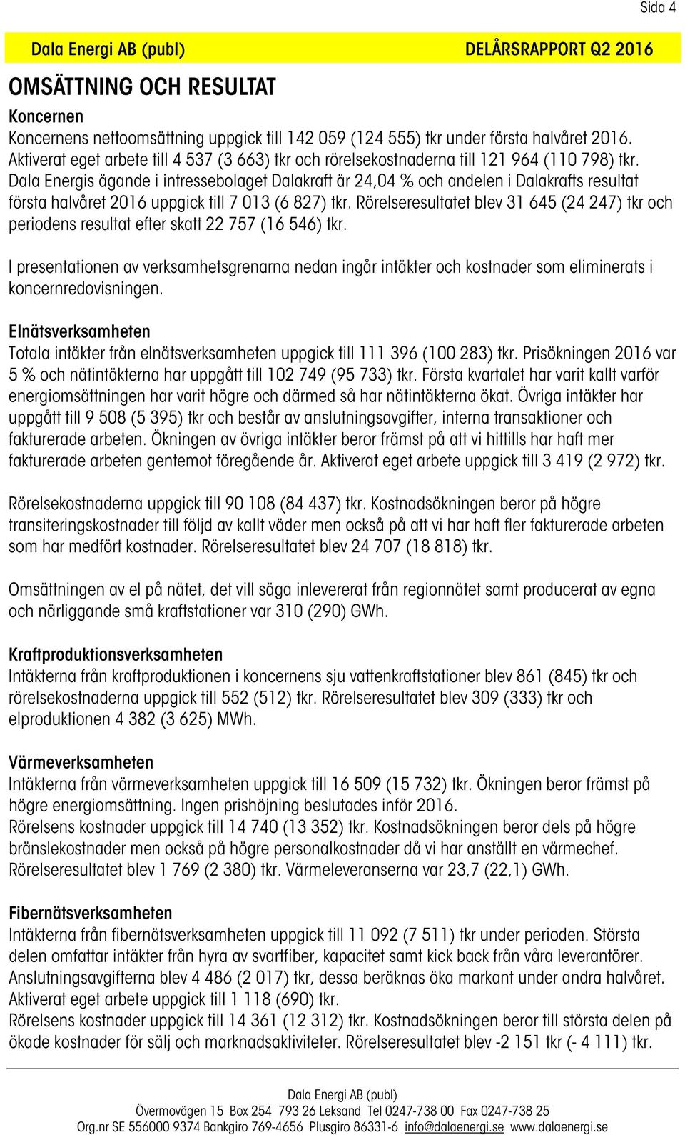 Dala Energis ägande i intressebolaget Dalakraft är 24,04 % och andelen i Dalakrafts resultat första halvåret 2016 uppgick till 7 013 (6 827) tkr.