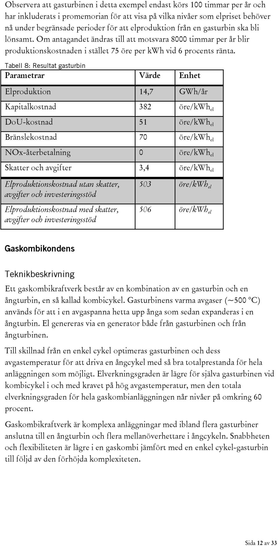 Tabell 8: Resultat gasturbin Elproduktion 14,7 GWh/år Kapitalkostnad 382 öre/kwh el DoU-kostnad 51 öre/kwh el Bränslekostnad 70 öre/kwh el NOx-återbetalning 0 öre/kwh el Skatter och avgifter 3,4