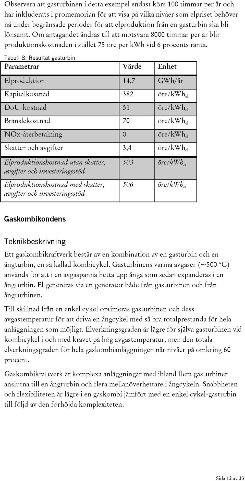 Tabell 8: Resultat gasturbin Elproduktion 14,7 GWh/år Kapitalkostnad 382 öre/kwh el DoU-kostnad 51 öre/kwh el Bränslekostnad 70 öre/kwh el NOx-återbetalning 0 öre/kwh el Skatter och avgifter 3,4