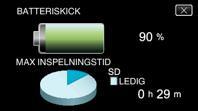 Inspelning Kontrollera återstående inspelningstid Visa återstående batteriladdning och återstående inspelningstid ANMÄRKNING : 0 Återstående batteriladdning och den återstående inspelningstiden är