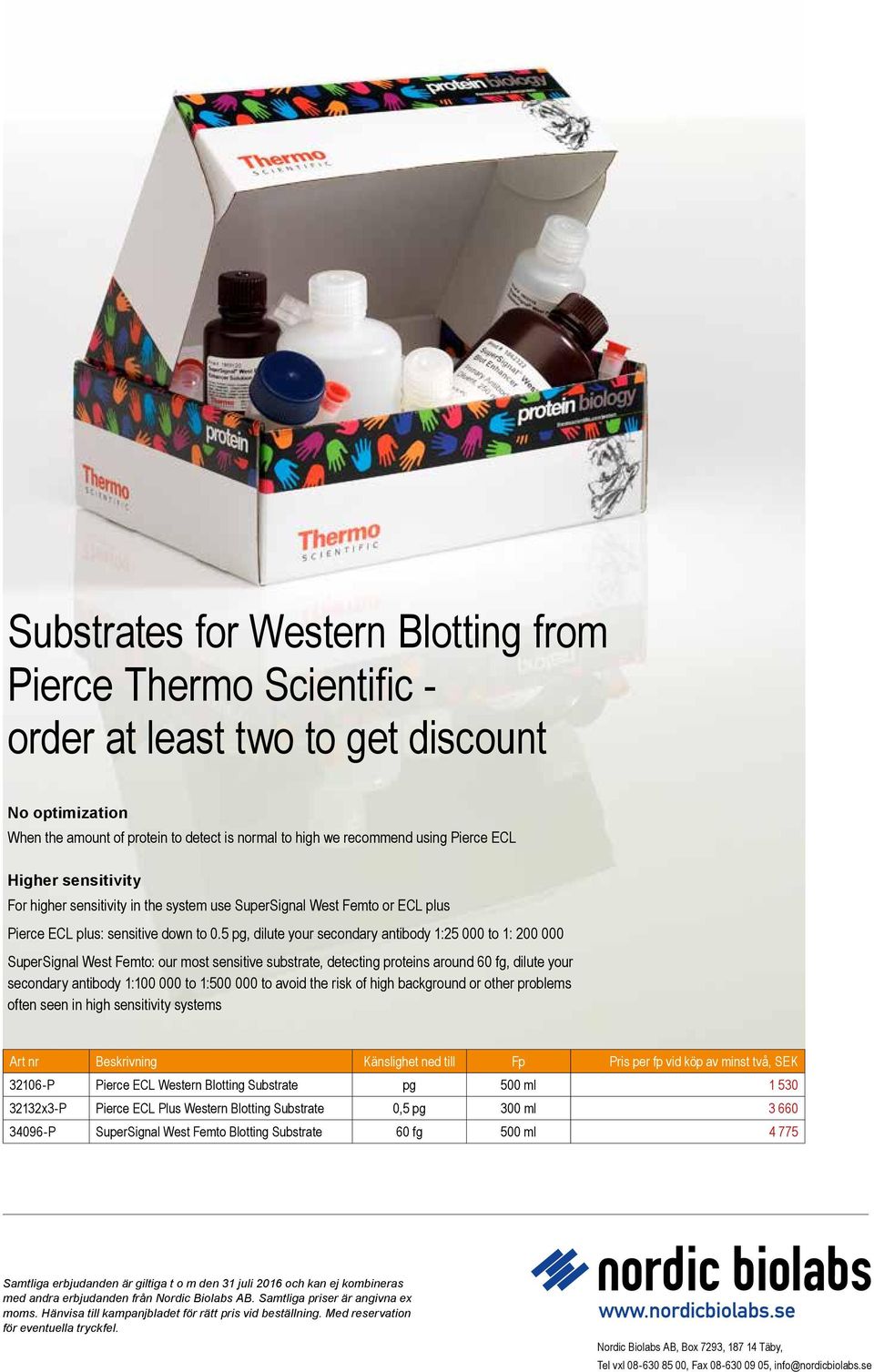 5 pg, dilute your secondary antibody 1:25 000 to 1: 200 000 SuperSignal West Femto: our most sensitive substrate, detecting proteins around 60 fg, dilute your secondary antibody 1:100 000 to 1:500