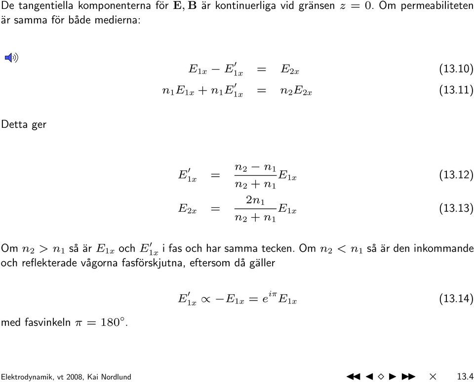 11) Detta ger E 1x = n 2 n 1 n 2 + n 1 E 1x (13.12) E 2x = 2n 1 n 2 + n 1 E 1x (13.