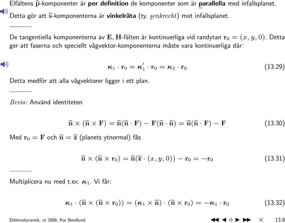 Detta ger att faserna och speciellt vågvektor-komponenterna måste vara kontinuerliga där: Detta medför att alla vågvektorer ligger i ett plan. κ 1 r 0 = κ 1 r 0 = κ 2 r 0 (13.