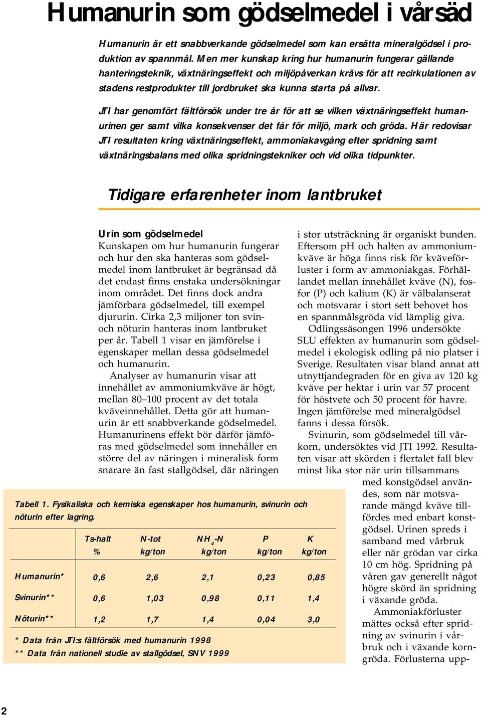 allvar. JTI har genomfört fältförsök under tre år för att se vilken växtnäringseffekt humanurinen ger samt vilka konsekvenser det får för miljö, mark och gröda.