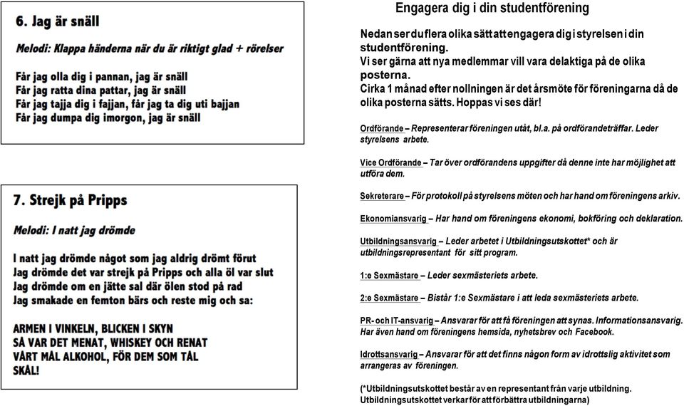 Leder styrelsens arbete. Vice Ordförande Tar över ordförandens uppgifter då denne inte har möjlighet att utföra dem. Sekreterare För protokoll på styrelsens möten och har hand om föreningens arkiv.