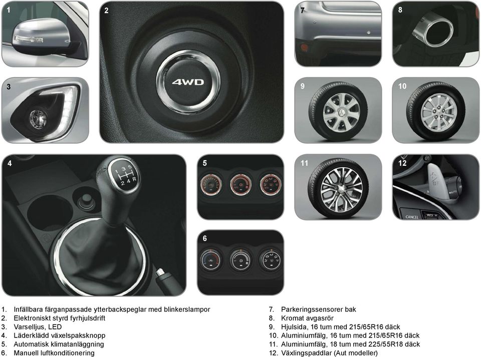 Automatisk klimatanläggning 6. Manuell luftkonditionering 7. Parkeringssensorer bak 8. Kromat avgasrör 9.