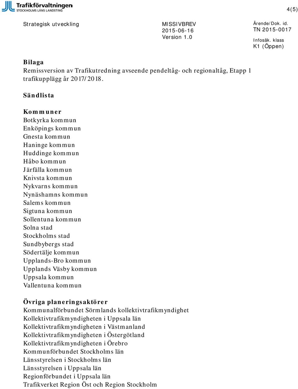 kommun Sollentuna kommun Solna stad Stockholms stad Sundbybergs stad Södertälje kommun Upplands-Bro kommun Upplands Väsby kommun Uppsala kommun Vallentuna kommun Övriga planeringsaktörer