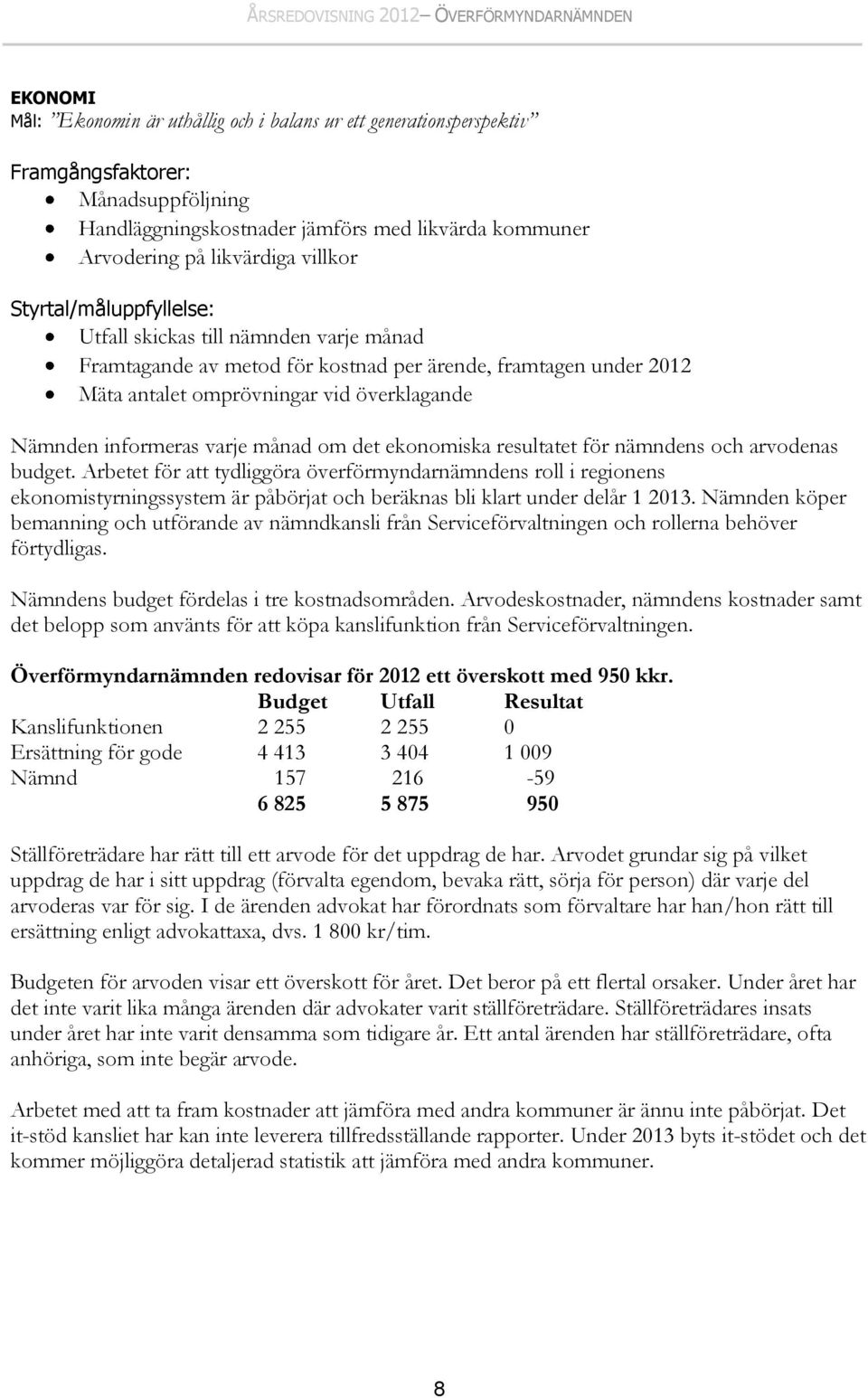 månad om det ekonomiska resultatet för nämndens och arvodenas budget.