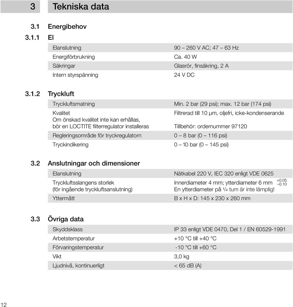 12 bar (174 psi) Kvalitet Filtrerad till 10 µm, oljefri, icke-kondenserande Om önskad kvalitet inte kan erhållas, bör en LOCTITE filterregulator installeras Tillbehör: ordernummer 97120