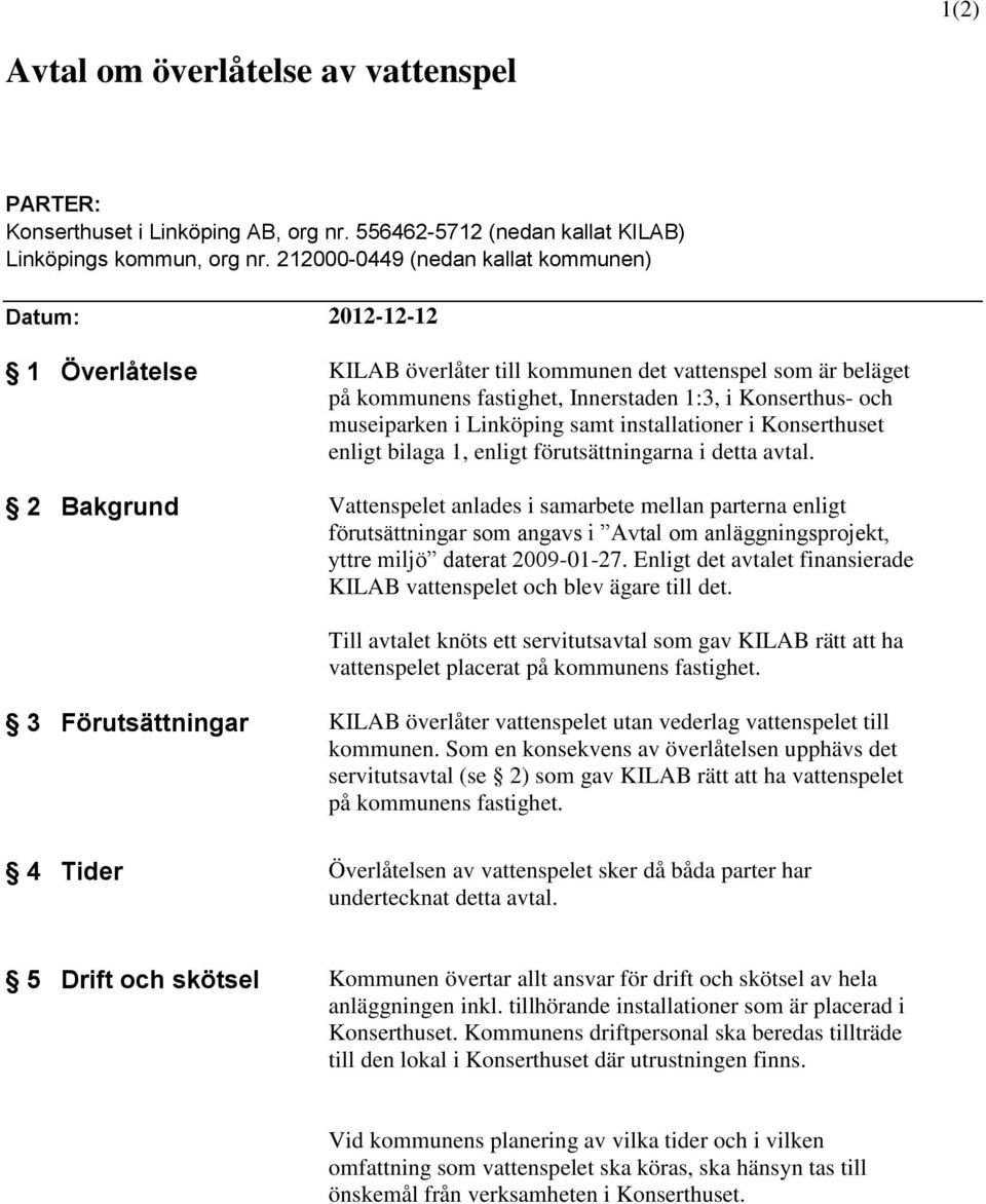 i Linköping samt installationer i Konserthuset enligt bilaga 1, enligt förutsättningarna i detta avtal.