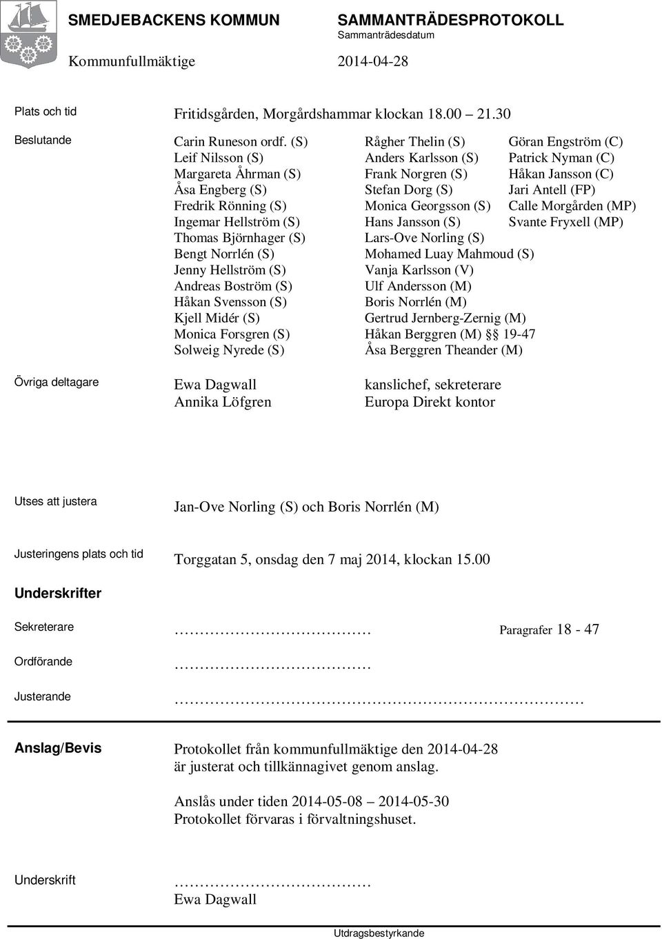 (FP) Fredrik Rönning (S) Monica Georgsson (S) Calle Morgården (MP) Ingemar Hellström (S) Hans Jansson (S) Svante Fryxell (MP) Thomas Björnhager (S) Lars-Ove Norling (S) Bengt Norrlén (S) Mohamed Luay