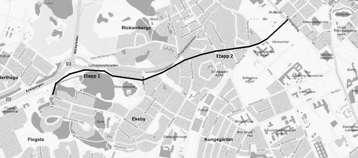 Figur 7 Körsträckan mellan Flogstas bostadsområden förbi bostadsområdena på S:t Johannesgatan ner mot Kyrkogårdsgatan.