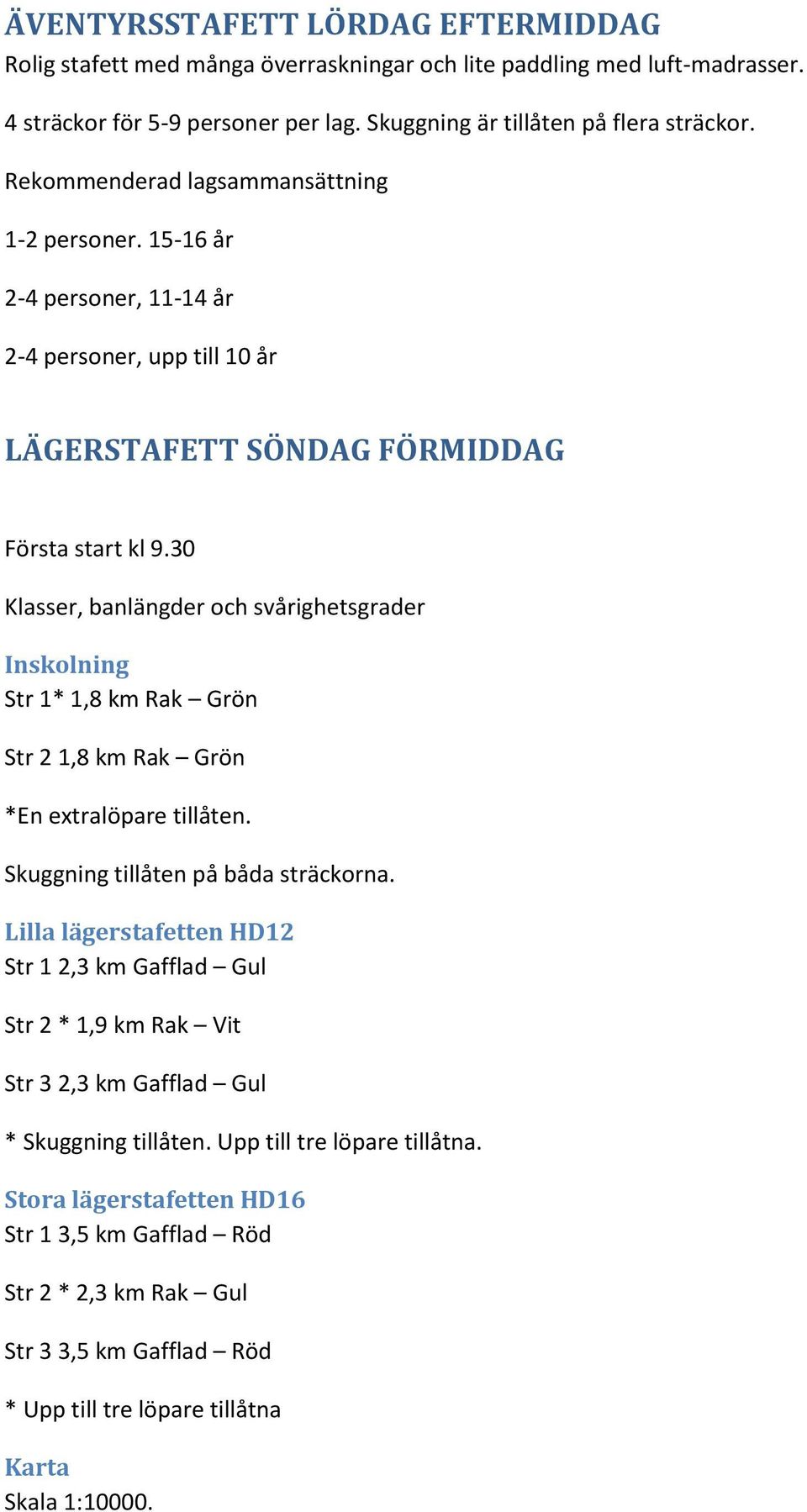 30 Klasser, banlängder och svårighetsgrader Inskolning Str 1* 1,8 km Rak Grön Str 2 1,8 km Rak Grön *En extralöpare tillåten. Skuggning tillåten på båda sträckorna.