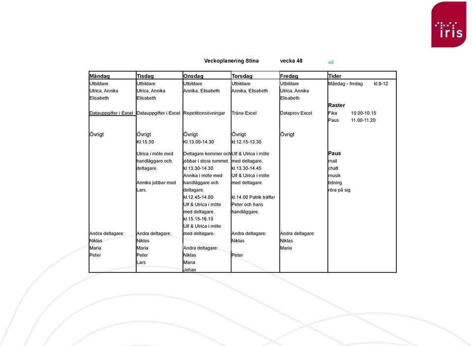Dataprov Excel Fika 10.00-10.15 Paus 11.00-11.20 Övrigt Övrigt Övrigt Övrigt Övrigt Kl.15.30 Kl.13.00-14.30 kl.12.15-13.