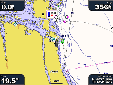 Använda sjökort Visa ytterligare objektinformation Använda kartpekaren ( ) (GPSMAP 4008/4012) eller peka på ett objekt på skärmen (GPSMAP 5008/5012) om du vill se information om kartobjekt, waypoints