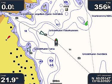 Använda Sjökort Använda sjökort Inställningar för Fish Eye 3D Om du vill visa ytterligare inställningar och alternativ för skärmen Fish Eye 3D trycker du på MENU.