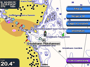 Med räckviddsknapparna (+/-) (GPSMAP 4008/4012) eller genom att peka på (GPSMAP 5008/5012) kan du zooma in och ut medan du visar flygfoton i helskärmsläge.