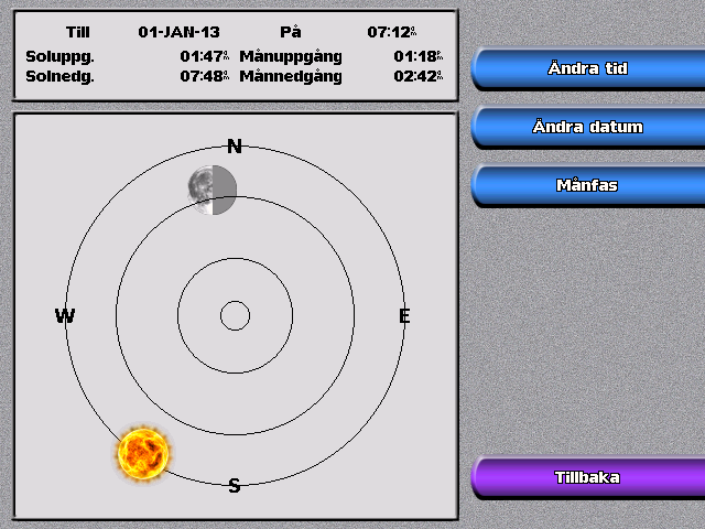 Visa information Visa information om himlakroppar På skärmen Information om himlakroppar kan du visa astronomidata för solens och månens uppgång/nedgång och ungefärlig solens och månens ungefärliga
