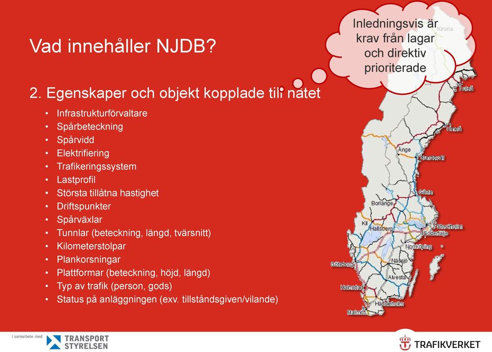 Trafikeringssystem Lastprofil Största tillåtna hastighet Driftspunkter Spårväxlar Tunnlar (beteckning, längd,