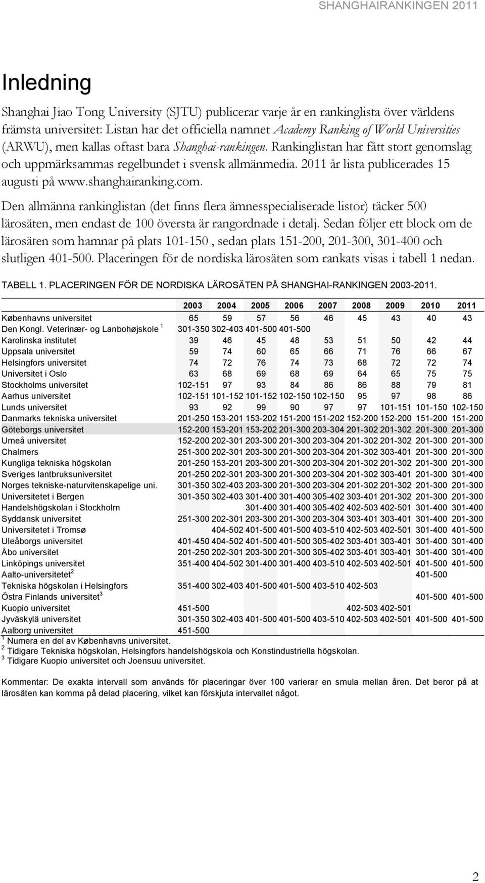 Den allmänna rankinglistan (det finns flera ämnesspecialiserade listor) täcker 500 lärosäten, men endast de 100 översta är rangordnade i detalj.