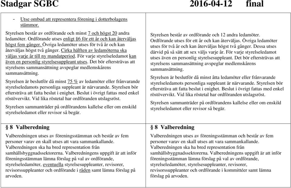 Cirka hälften av ledamöterna ska väljas varje år till ny mandatperiod. För varje styrelseledamot kan även en personlig styrelsesuppleant utses.