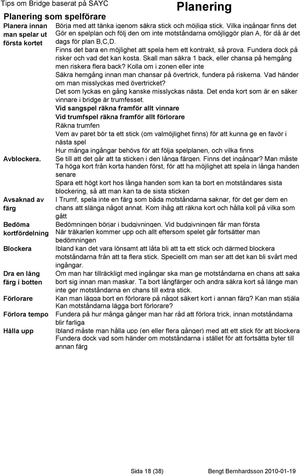 Vilka ingångar finns det Gör en spelplan och följ den om inte motståndarna omöjliggör plan A, för då är det dags för plan B,C,D. Finns det bara en möjlighet att spela hem ett kontrakt, så prova.