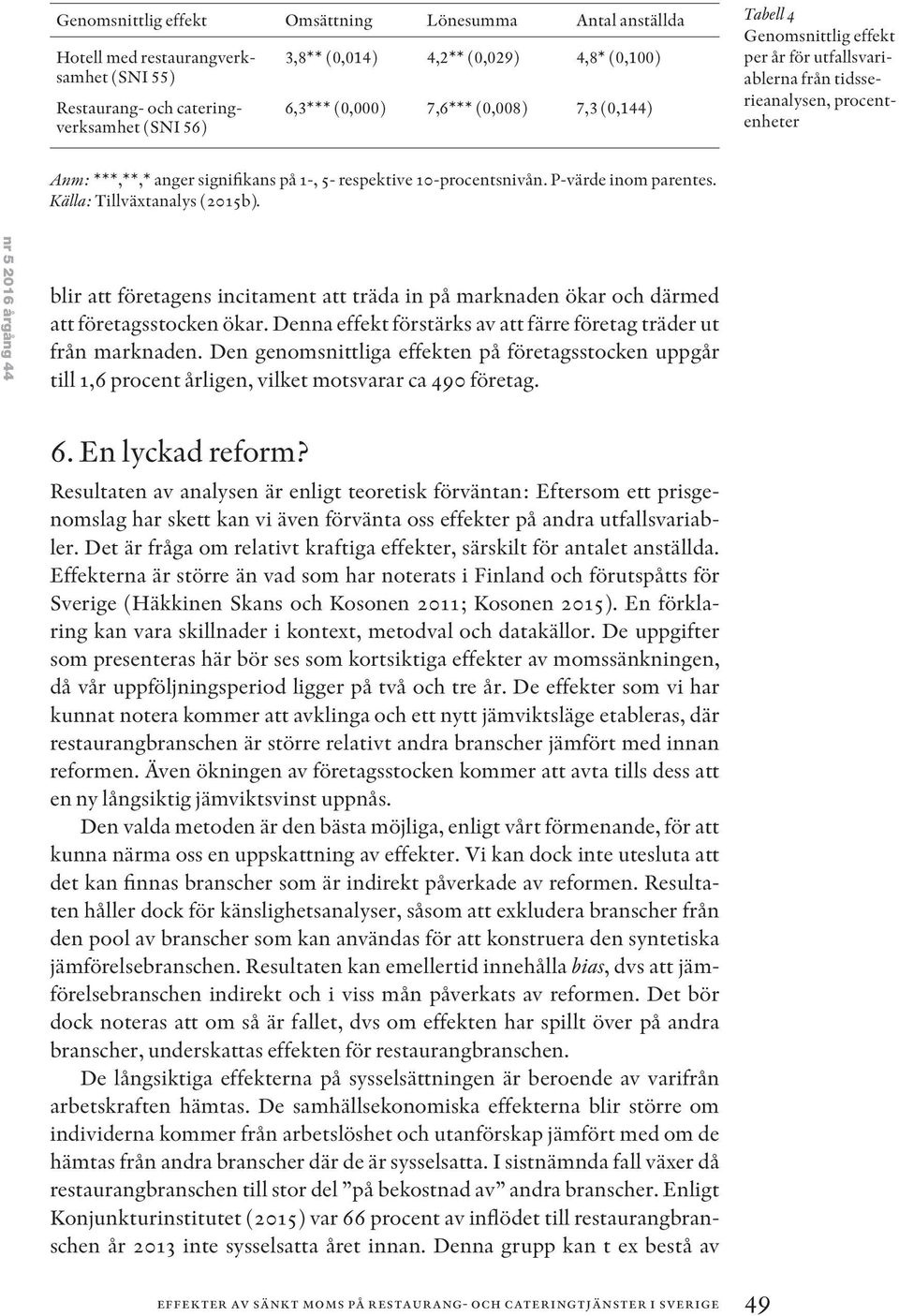 P-värde inom parentes. Källa: Tillväxtanalys (2015b). nr 5 2016 årgång 44 blir att företagens incitament att träda in på marknaden ökar och därmed att företagsstocken ökar.