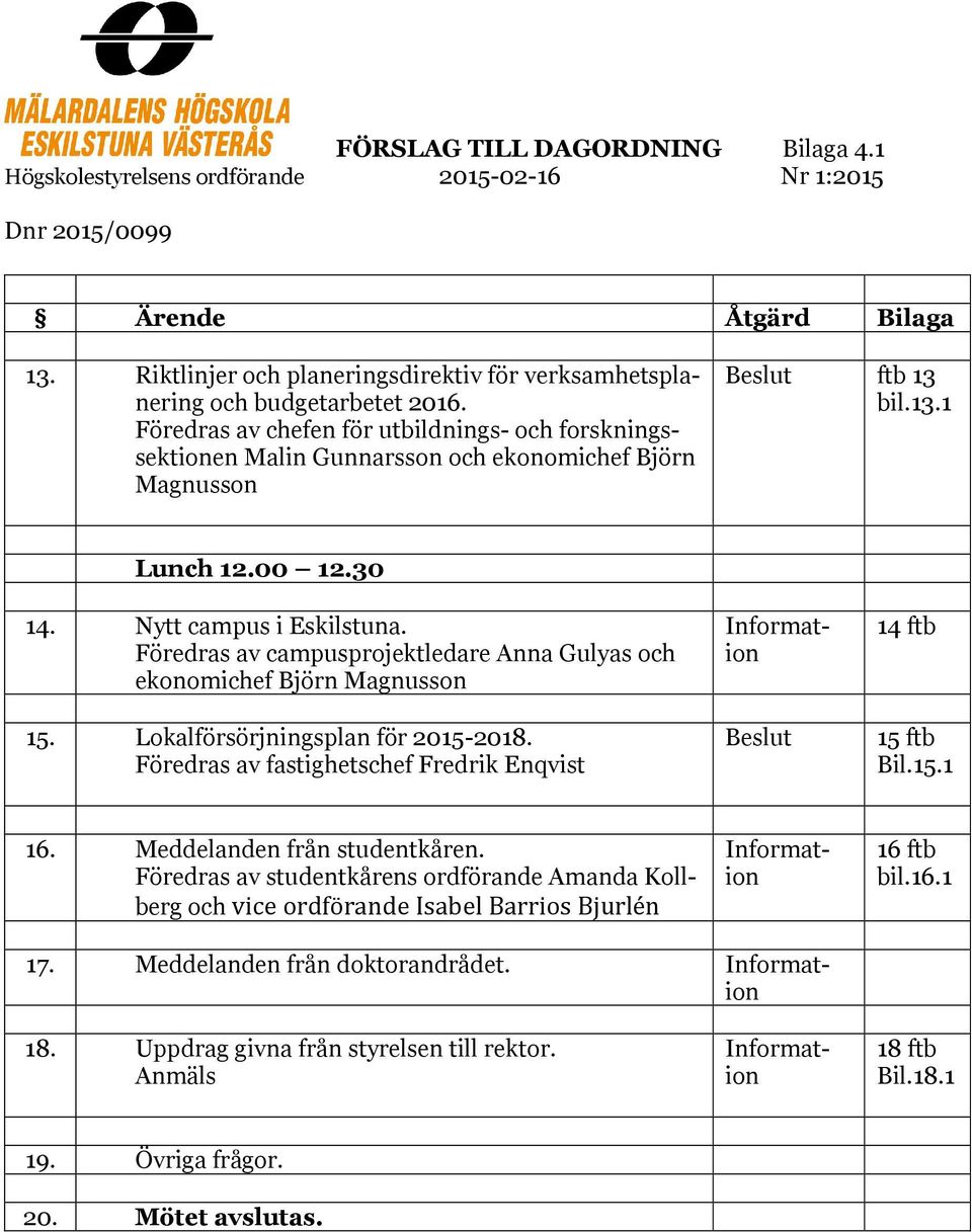 Föredras av chefen för utbildnings- och forskningssektionen Malin Gunnarsson och ekonomichef Björn Magnusson Beslut ftb 13 bil.13.1 Lunch 12.00 12.30 14. Nytt campus i Eskilstuna.