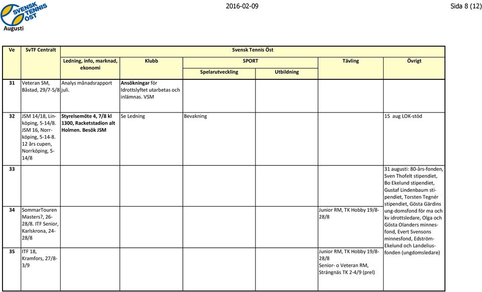 ITF Senior, Karlskrona, 24-28/8 35 ITF 18, Kramfors, 27/8-3/9 Junior RM, TK Hobby 19/8-28/8 Junior RM, TK Hobby 19/8-28/8 Senior- o Veteran RM, Strängnäs TK 2-4/9 (prel) 31 augusti: 80- års- fonden,