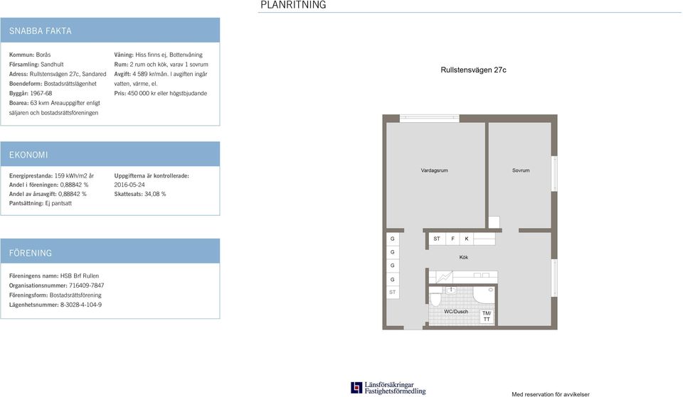 Pris: 450 000 kr eller högstbjudande EKONOMI Energiprestanda: 159 kwh/m2 år Andel i föreningen: 0,88842 % Andel av årsavgift: 0,88842 % Pantsättning: Ej pantsatt Uppgifterna är