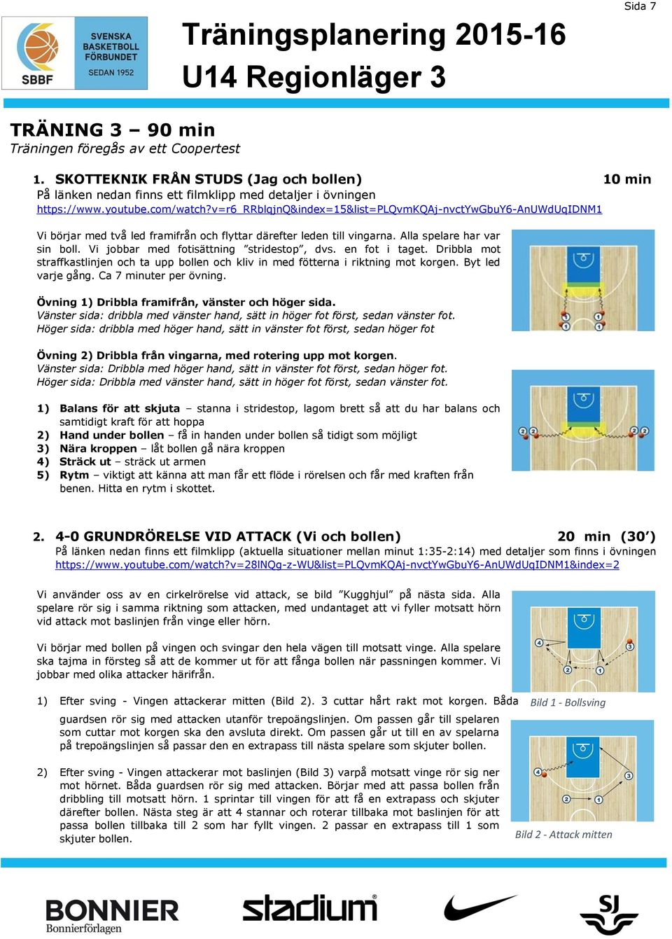 Vi jobbar med fotisättning stridestop, dvs. en fot i taget. Dribbla mot straffkastlinjen och ta upp bollen och kliv in med fötterna i riktning mot korgen. Byt led varje gång. Ca 7 minuter per övning.